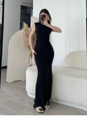 Kolsuz Uzun Likralı Elbise - Siyah - 4