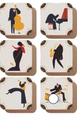 Jazz Müzik Müzisyenleri 6'lı Retro Ahşap Bardak Altlığı Seti - 1