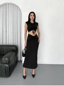 Osy Modal Yumuşak Dokulu Kumaş  Büzgülü Crop Etek Takım - Siyah - 1