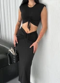 Osy Modal Yumuşak Dokulu Kumaş  Büzgülü Crop Etek Takım - Siyah - 2