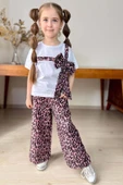 Kız Çocuk Leopar Desenli Fiyonk T-shirt Bol Kesim Leoparlı Keten Alt Üst Takım thumbnail 3