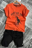 Erkek Çocuk Dinazor ve Bisiklet Baskılı Turuncu T-shirt Penye Şortlu Takım - 5