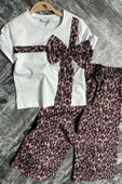 Kız Çocuk Leopar Desenli Fiyonk T-shirt Bol Kesim Leoparlı Keten Alt Üst Takım thumbnail 1