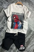 Erkek Çocuk Örümcek Adam Karakter ve Yazı Baskılı T-shirt İp Detaylı Siyah Şortlu Takım - 5