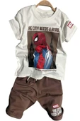 Erkek Çocuk Örümcek Adam Karakter ve Yazı Baskılı T-shirt İp Detaylı Kahverengi Şortlu Takım thumbnail 5