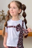 Kız Çocuk Leopar Desenli Fiyonk T-shirt Bol Kesim Leoparlı Keten Alt Üst Takım thumbnail 4
