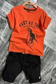 Erkek Çocuk Dinazor ve Bisiklet Baskılı Turuncu T-shirt Penye Şortlu Takım - 1