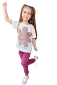 Kız Çocuk Üzeri Papatya Baskılı T-Shirt Çift Cepli Lastikli Mor Pijama Takımı - 5