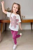 Kız Çocuk Üzeri Papatya Baskılı T-Shirt Çift Cepli Lastikli Mor Pijama Takımı - 2