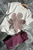 Kız Çocuk Üzeri Papatya Baskılı T-Shirt Çift Cepli Lastikli Mor Pijama Takımı - 1