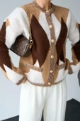 Geniş Baklava Desen Hırka - Camel-Krem - 3