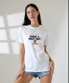 Kadın Ön Ve arka Ayıcık baskılı Bisiklet Yaka t-shirt - 5