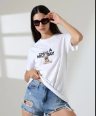 Kadın Ön Ve arka Ayıcık baskılı Bisiklet Yaka t-shirt - 8