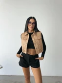 DERİ CROP YELEK - Bej thumbnail 1