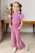 Kız Çocuk Yatay Çizgiler Kolsuz Omuzları Fırfırlı Bluz Pötikare Kumaş Pantolon Pembe Alt Üst Takım thumbnail 2