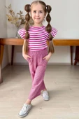 Kız Çocuk Yatay Çizgiler Kolsuz Omuzları Fırfırlı Bluz Pötikare Kumaş Pantolon Pembe Alt Üst Takım thumbnail 1