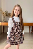 Kız Çocuk Dik Yaka Fitilli Kazak Askılı Leopar Desenli Salopet Takım - 2