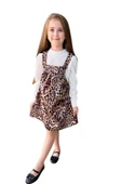 Kız Çocuk Dik Yaka Fitilli Kazak Askılı Leopar Desenli Salopet Takım - 7