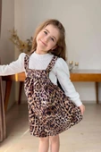 Kız Çocuk Dik Yaka Fitilli Kazak Askılı Leopar Desenli Salopet Takım - 4