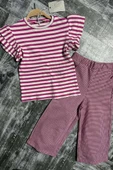 Kız Çocuk Yatay Çizgiler Kolsuz Omuzları Fırfırlı Bluz Pötikare Kumaş Pantolon Pembe Alt Üst Takım thumbnail 5