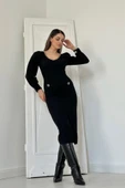 Siyah Geniş Boğazlı Elbise - 3
