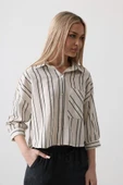 Çizgili Kısa Gömlek - Ekru-Lacivert thumbnail 3