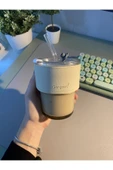 Cam Kahve Sunum Bardağı - 400 ml Deri Şeritli ve Pipet Delikli Tasarım - 3