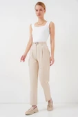 Pileli Kemerli Kumaş Pantolon 6725 - Krem - 1