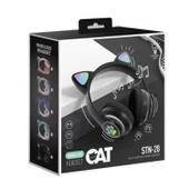 Cat Stn-28 Pro Sevimli Kedi Kulaklı LED Işıklı Katlanabilir Kablosuz Kulaküstü Bluetooth Kulaklık (Siyah) - 2