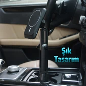 Araç Bardaklık Telefon Tutucu Magsafe iPhone 15-14-13-12 Serisi 15W Kablosuz Hızlı Şarj Cihazı (Siyah) - 3