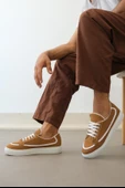 ET0351 Bağcıklı Deri Tozu Günlük Taba Renk Spor Ayakkabı - 2