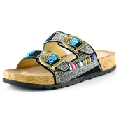 Erkan Saçmacı Siyah Sabit Çift Bantlı Renkli Taşlı Boncuklu Mantar Taban Görünümlü Terlik - 1