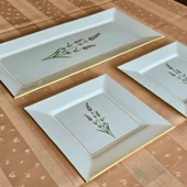 Calabria Kare Opal Altın Yaldızlı  Baton Tepsi + 2 Adet Pasta Tabağı - 5
