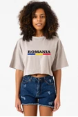 Romania Flag Lettern Taş Rengi Kadın Crop Kapşonlu thumbnail 1