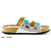 Erkan Saçmacı Beyaz Sabit Çift Bantlı Renkli Taşlı Boncuklu Mantar Taban Görünümlü Terlik - 2