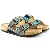 Erkan Saçmacı Siyah Sabit Çift Bantlı Renkli Taşlı Boncuklu Mantar Taban Görünümlü Terlik - 4