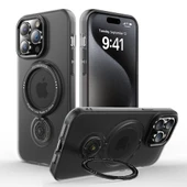 iPhone 14 Pro Magsafe Uyumlu 360 Dönebilen Standlı Manyetik Silikon Kılıf (Siyah) - 2