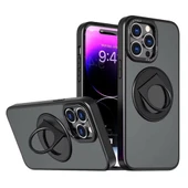 iPhone 15 Pro Magsafe Uyumlu Standlı Manyetik Silikon Kılıf (Siyah) - 1
