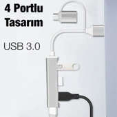 A-806 4in1 Type-C + USB Girişli USB 3.0 Çoğaltıcı Hub Adaptör Çevirici (Gri) - 2