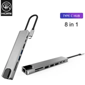 8 Port Usb 8in1 3.0 Type-C Hdmi 3XUSB+2 PD RJ45 Hub Adaptör Çoklayıcı TF SD Kart (Gri) - 2