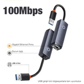 Baseus Lite Series 100Mbps USB to RJ45 Ethernet LAN Port Adaptör (Gri) - 3