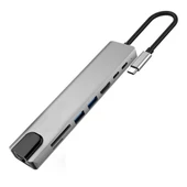 8 Port Usb 8in1 3.0 Type-C Hdmi 3XUSB+2 PD RJ45 Hub Adaptör Çoklayıcı TF SD Kart (Gri) - 1