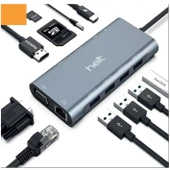 Helt HT-OT01 USB + Hdmı + Vga + Type-C + Jack + Ethernet + Sd Kart To Type-c Dönüştürücü (Gri) - 2