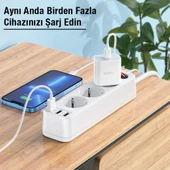 HOCO NS2 3 lü Priz 3 USB 4000W 1.8 Metre Şarj Uzatma Kablosu Akım Korumalı (Beyaz) - 5