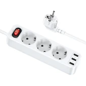 HOCO NS2 3 lü Priz 3 USB 4000W 1.8 Metre Şarj Uzatma Kablosu Akım Korumalı (Beyaz) - 1
