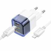 HOCO C131A Platinum PD30W+QC3.0 Girişli Hızlı Şarj Başlığı Ve Type-C To iPhone Lightning Kablo (Mavi) - 1