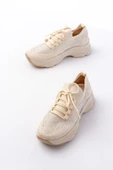 Bej Bağcıklı Fileli Taş Aksesuarlı Günlük Spor Ayakkabı - 3