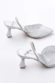 Gümüş Günlük Arkası Açık Taşlı Topuklu Bayan Ayakkabı - 4