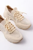 Bej Bağcıklı Fileli Taş Aksesuarlı Günlük Spor Ayakkabı - 4