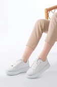 Beyaz Gümüş Bağcıklı Dikişli Günlük Spor Ayakkabı - 2